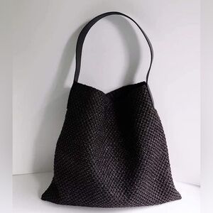 Black Raffia Crochet Bag with Leather Strap